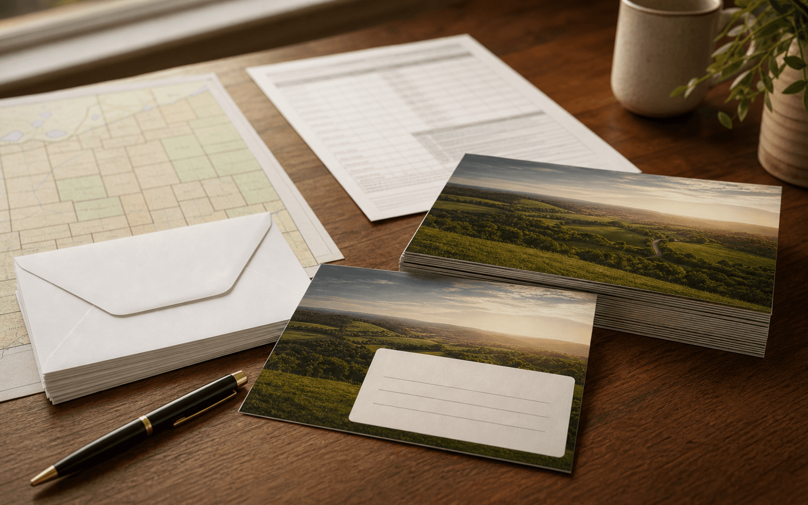 Postcards, county map, and count review sheet on a mailing workbench